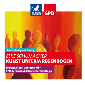 Einladung zur Ausstellung "Kunst unterm Regenbogen" der Remscheiderin Elke Schumacher.