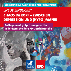 Auf dem Bild ist die Einladung zur Ausstellung "Neue Einblicke" der Remscheiderin Evelyn Havertz am 07. April 2017 um 19:00 Uhr in der SPD-Geschäftsstelle abgebildet.