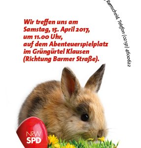 Die Lüttringhauser SPD lädt am 15. April 2017 um 11:00 Uhr zur Ostereiersuche auf den Spielplatz im Grüngürtel Klausen an der Barmer Straße 65 ein.