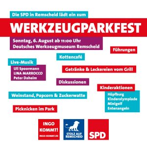 Auf dem Bild sehen sie die Einladungsgrafik zum Werkzeugparkfest der Remscheider SPD am 06.08.2017.